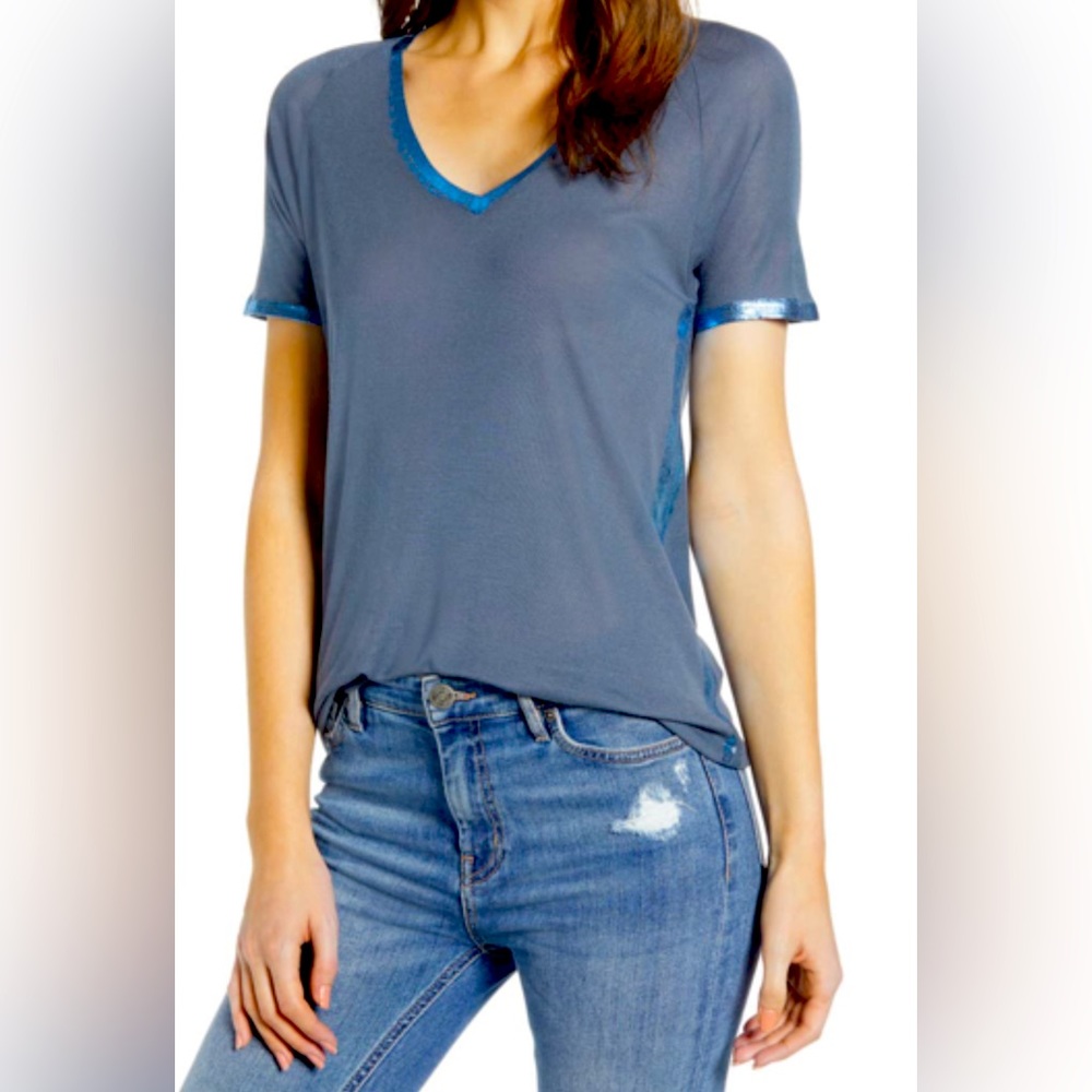 NWT Zadig & Voltaire Blue MARGOT FOIL V Neck T SHIRT IN BLEU DE GRIS Size Small